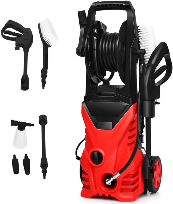 COSTWAY Hogedrukreiniger 1500W, 140 bar, 300 l/h draagbare hogedrukreiniger met Lotus-mondstuk en hogedruksproeier, langere draden en tuinslang, geschikt voor het reinigen van tuin, auto, huis (rood) van COSTWAY