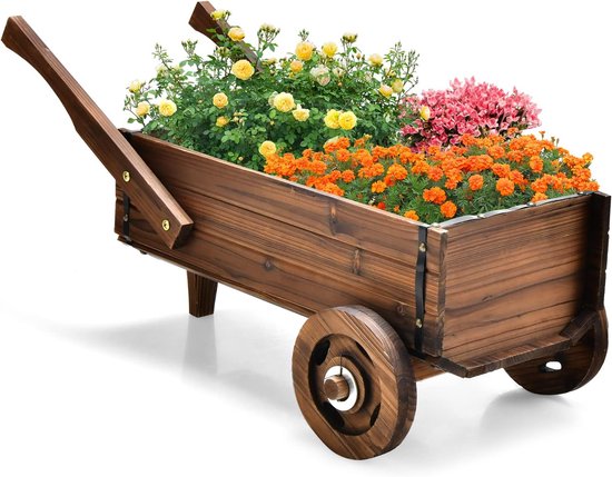 COSTWAY Plantenwagen van hout, met wielen en handgrepen, bloemwagen met afvoergat, plantenpot, bolderkar, kruiwagen, tuindecoratie, rustieke plantenwagen voor tuin terras, bruin van Costway
