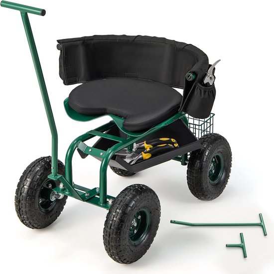 COSTWAY Rolzitje met wielen, 360 graden draaibaar, in hoogte verstelbaar, mobiele tuinstoel met stuurgreep, mand, opbergruimte en zitkussen, tuinkruk tot 150 kg, metalen tuinrolstoel, voor tuinieren, van Costway