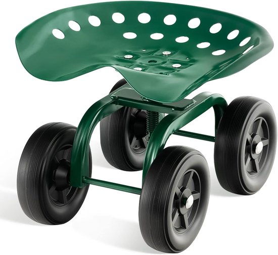COSTWAY Rolzitje met wielen, 360 graden draaibaar, in hoogte verstelbaar, mobiele tuinstoel, outdoor, tuinkruk, tot 150 kg, brede banden, metalen tuinrolstoel, voor tuinieren en auto-onderhoud, groen van Costway