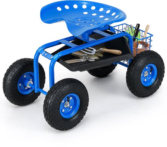 COSTWAY Rolzitje met wielen, 360 graden draaibaar, in hoogte verstelbaar, tuinzitje met plank en mand, tot 150 kg, brede rubberen banden, tuinrolstoel voor tuinieren, werkstoel, tuinwagen, metaal, van Merkloos	