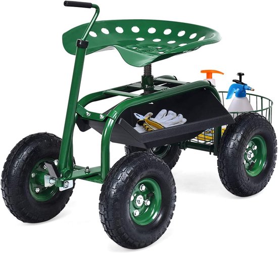 COSTWAY Rolzitje met wieltjes, tuinwagen met uittrekbare handgreep en mand, 360 graden draaibaar, in hoogte verstelbaar, tot 150 kg, verrijdbare tuinstoel, tuinrolstoel voor tuinieren, groen, van COSTWAY