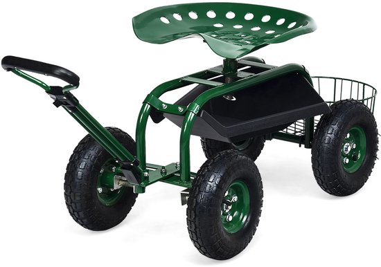 COSTWAY Rolzitje met wieltjes, tuinwagen met uittrekbare handgreep en mand, in hoogte verstelbaar, 360 graden draaibaar, tot 150 kg, mobiele tuinstoel, tuinrolstoel voor tuinieren, groen, 96,5 x 48,5 x 45,5- 54,5cm