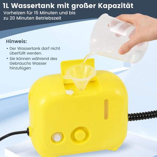COSTWAY Stoomreiniger 1600W, stoomdruk: 3 bar, opwarmtijd: 15s, temperatuur: tot 180℃, tank: 1000 ml, stoomreiniger, handapparaat met 9 accessoires en riem (geel) van Merkloos	