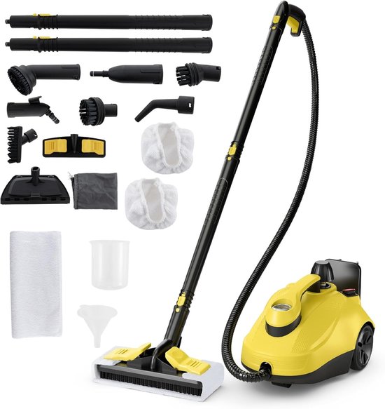 COSTWAY Stoomreiniger 2000 W, stoomdruk: 5 bar, tank: 1,8 l, temperatuur: tot 160 ℃, stoomreiniger bodem met 29 accessoires en rollen, incl. 5 m netsnoer (geel) van Merkloos	