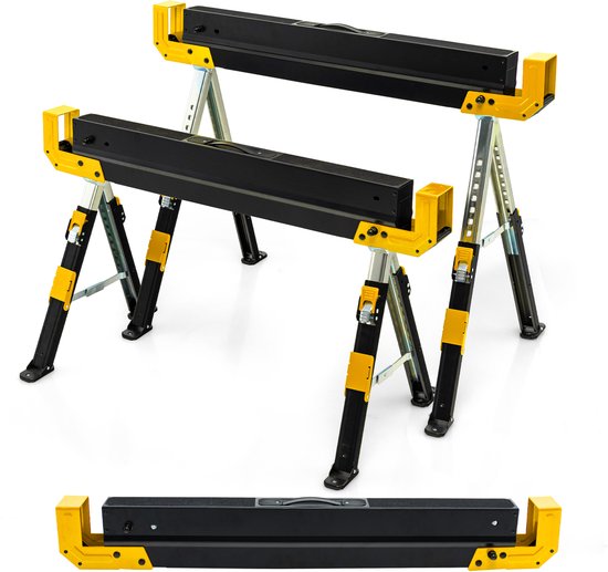 COSTWAY Werkbok, 2 x in hoogte verstelbaar, tot 1180 kg belastbaar, inklapbare zaagbok, antislip pvc-bovenkant, draagbare onderstelbok met handvat, opvouwbare steiger, klapbok, geel + zwart