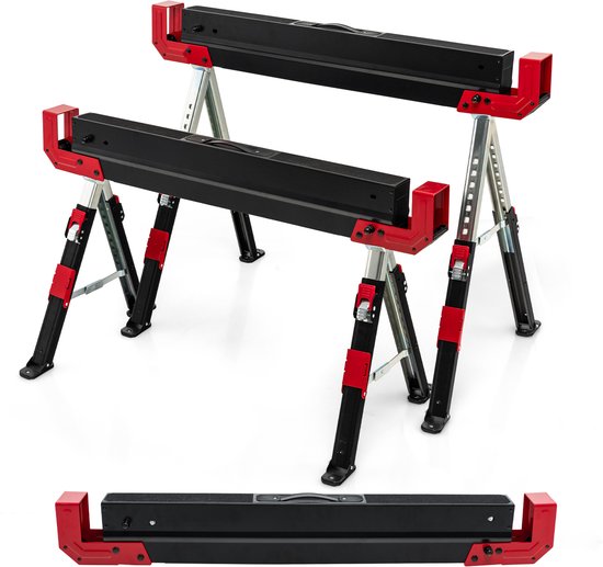 COSTWAY Werkbok, 2 x in hoogte verstelbaar, tot 1180 kg belastbaar, inklapbare zaagbok, antislip pvc-bovenkant, draagbare onderstelbok met handvat, opvouwbare steiger, klapbok, rood + zwart van Merkloos	