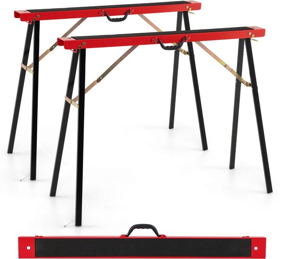 COSTWAY Zaagblokken, set van 2, inklapbare werkbokken, van metaal, tot 375 kg belastbaar, zaagbok met antislip bovenkant en scharnierclip, steiger met draaggreep voor houtbewerking van Merkloos	