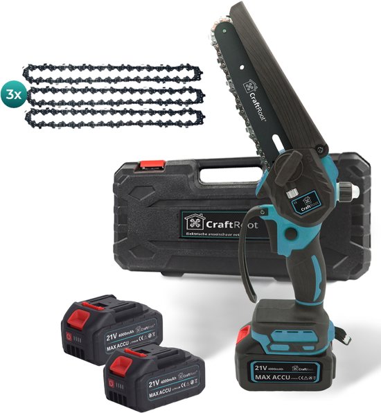 CraftRoot Elektrische Mini Kettingzaag - Draadloze Compacte Kettingzaag met Automatische Kettingsmering - Handkettingzaag - Snoeizaag - Takkenzaag - 2x 4.0Ah Accu's - Opberg Koffer - Brushless van Merkloos	
