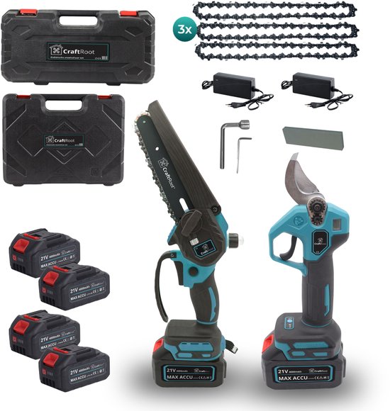 CraftRoot Elektrische Mini Kettingzaag en Elektrische Snoeischaar Combi Set- Draadloze Handkettingzaag en Professionele Takkenschaar met Opbergkoffers en 4X 4.0Ah Accu’s