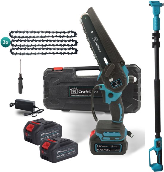 CraftRoot Elektrische Mini Kettingzaag + Telescopische Verlengstok – 270cm Bereik - Draadloze Compacte Kettingzaag met Automatische Kettingsmering - Handkettingzaag - Snoeizaag - Takkenzaag - 2x 4.0Ah Accu's - Opberg Koffer - Brushless