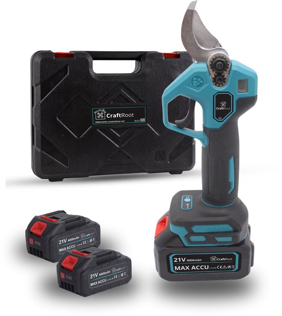 CraftRoot Elektrische Snoeischaar Incl. Opbergkoffer en 2X 4.0Ah Accu’s- Professionele Draadloze Heggenschaar - 30mm Snijdiameter - Elektrische Takkenschaar - Tuin Snoei Schaar voor Heggen & Takken van Merkloos	