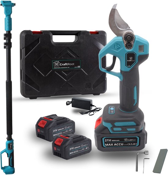 CraftRoot Elektrische Snoeischaar Incl. Opbergkoffer + Telescopische Verlengstok – tot 270cm Bereik en 2X 4.0Ah Accu’s- Professionele Draadloze Heggenschaar - 32mm Snijdiameter - Elektrische Takkenschaar - Tuin Snoei Schaar voor Heggen & Takken
