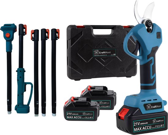 CraftRoot Elektrische Snoeischaar + Verlengstok - Incl. Opbergkoffer en 2X 4.0Ah Accu’s- Instelbare Verlengset (1m-2.5m) - Professionele Draadloze Heggenschaar - 30mm Snijdiameter - Elektrische Takkenschaar - Tuin Snoei Schaar voor Heggen & Takken van CraftRoot