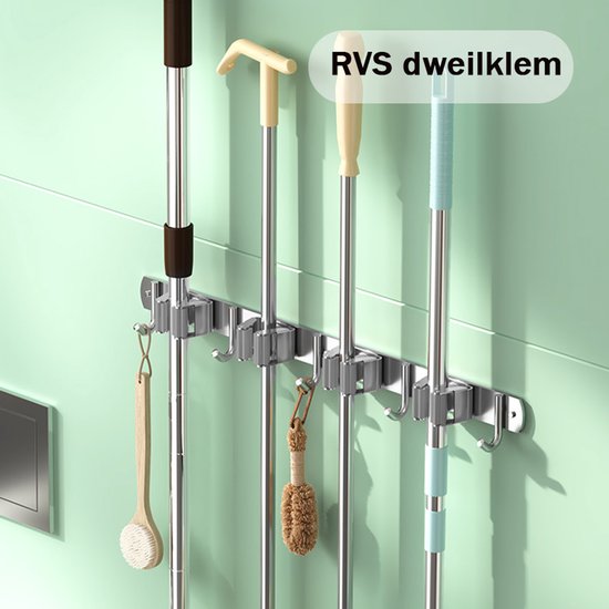 Crrynuo Bezemhouder - Bezem Ophangsysteem - 4 Houders 5 Haken - Tuingereedschaphouder voor Tuingereedschap - RVS van Crrynuo