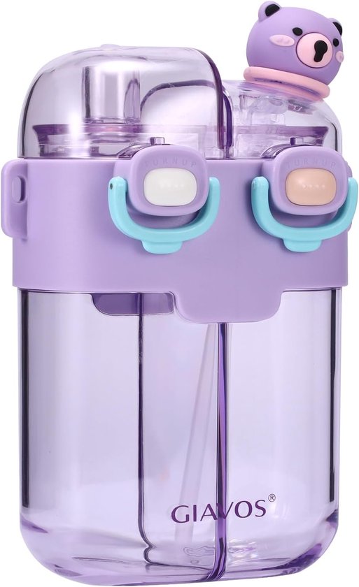 Cute Water Bottle met Rietje - Draagbare Plastic Drinkfles met Dubbele Opslag - Grote Capaciteit 780ml - Esthetische Waterfles voor Meisjes Jongens met Stickers voor School - Reizen - Buitensport (Paars) van Merkloos	