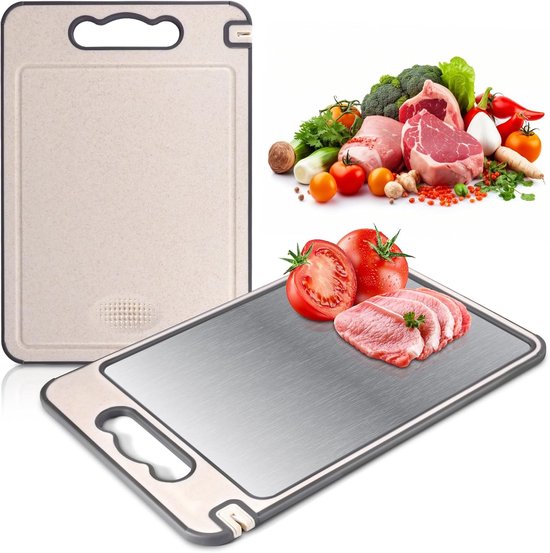 Cutting Board - Dubbelzijdige Voedsel Snijplank - 304 RVS en Tarwegras Snijplank - Robuuste en Duurzame Snijplank voor Vlees - Groenten - Fruit - Brood van HomeLion.