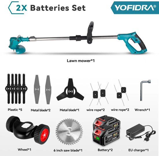 CYRO - Elektrische grasmaaier - Grasmaaier - Grastrimmer - Opvouwbare draadloze grastrimmer - Elektrisch gereedschap - 1500W - 2x388VF Batterij Set van CYRO