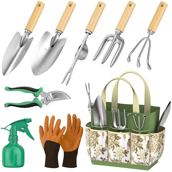 D&A Tuingereedschap - Tuingereedschapset - Tuingereedschap onkruidverwijderaar - Tuingereedschap opbergen - RVS - 9 Delig