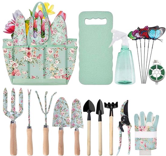 Dailygoods - 19-delige tuingereedschapset, robuuste bloementuingereedschapskit, antislip ergonomische handgreep, duurzame opbergtas, geschenken voor vrouwen, oma en oma, buitenbeplanting en