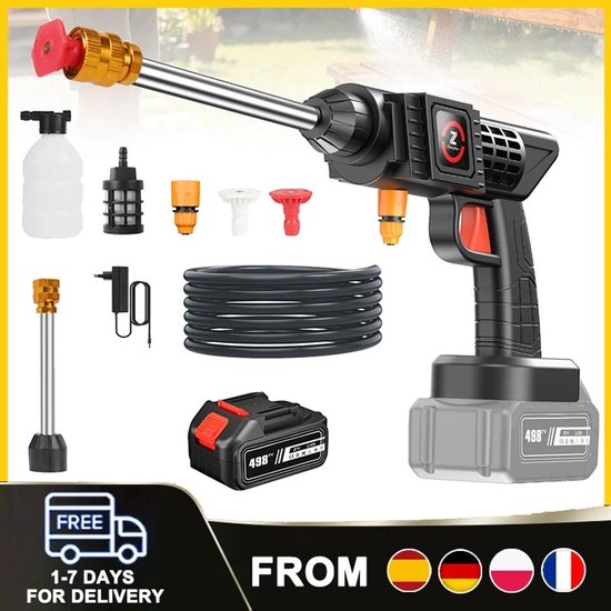 Dailygoods 3000W Draadloze Hogedrukreiniger Autowaspistool met Verstelbare 2 Nozzles voor Autowassen, Vloerreiniging, Hu
