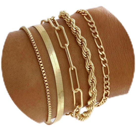 Dailygoods- Armbanden Gouden Stapelarmbanden - Verstelbare Boho Armbanden - Schakel Armband - Sieraden Set voor Vrouwen - 19 cm + 5 cm Verlengketting - Geweldig Cadeau-idee