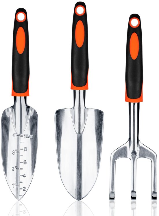 Dailygoods - Bamworld 3-delig tuingereedschapset zwaar gebruik, tuinset van aluminiumlegering met ergonomisch handvat, inclusief plantenschep, verplantingsschop en handhark voor perk en gazon, Oranje