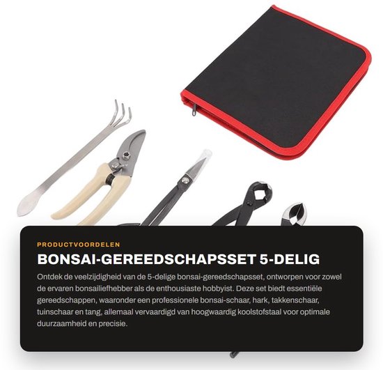 Dailygoods- Bonsai-Gereedschapsset 5-delig - Koolstofstaal/Roestvrij Staal - Ergonomische Handgreep - Professionele Takkenschaar - Tuingereedschap in Opbergtas - Duurzaam Materialen