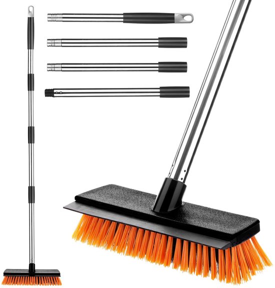 Dailygoods- Buitenbezem Uittrekbaar 126 cm - Terrasborstel - Harde Borstels - Roestvrij Stalen Handgreep - 2-in-1 met Schraper - Weerbestendig