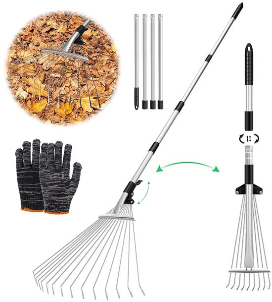 Dailygoods - Dailygoody - Bladbezem - Tuinbezem voor bladeren - Verstelbaar en compact - 215 cm - Hark met handvat - Geschikt voor gazon en binnenplaatsen - Staal