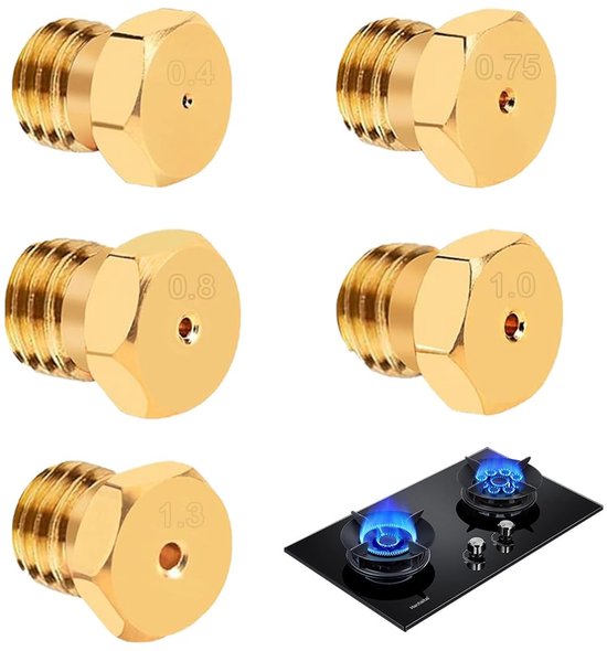 Dailygoods- Gasfornuissproeiers 5 Stuks - Vervangende Mondstukken - LPG-Ombouwset - Messing Brandersproeiers - Duurzaam Materiaal - Hoge Temperatuurbestendigheid - Brandermondstuk