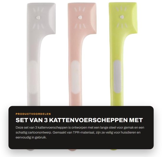 Dailygoods- Kattenvoerscheppen Set van 3 - Lange Steel - Vierkante Lepelkop - Duurzaam TPR - Veilig voor Huisdieren - Handig in Gebruik - Voerschep van Dailygoods