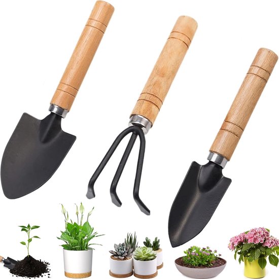 Dailygoods- Kindertuingereedschap 3-delig - Mini Tuingereedschapset - Hark/Schep - Hoogwaardig Metaal/Hout - Voor Planten/Aarde Losmaken - Geschikt voor Kinderen - Tuingereedschap