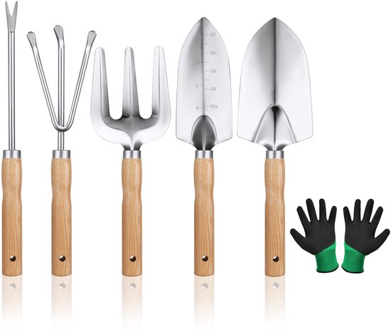 Dailygoods - OFFCUP Tuingereedschapset, 6 stuks tuingereedschap, tuingereedschap met ergonomische handgrepen, waaronder brede spop, puntige spade, wortelplukker, hark, drievingerige vork en een paar handschoenen