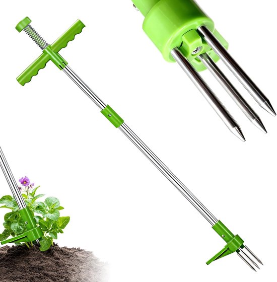 Dailygoods- Onkruidverwijderaar 100 cm - Handmatige Onkruidverwijderaar - Tuingereedschap - 3 Stalen Klauwen - Voetsteun - Ergonomisch Ontwerp - Onkruidsteker