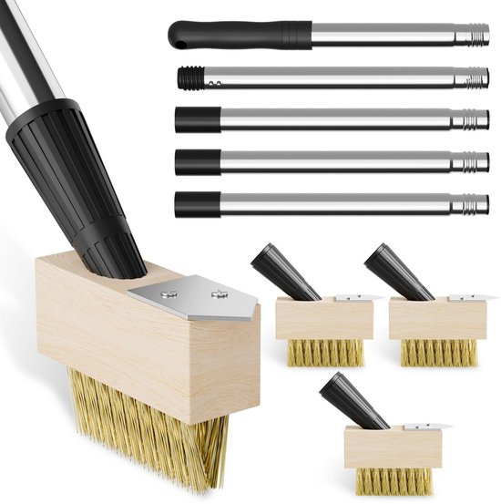 Dailygoods- Onkruidverwijderaar 1,55 m telescoopsteel - Onkruidborstel - Mosverwijderaar - Draadborstels - 4 Borstelkoppen - Voor tuinvoegen en muurranden