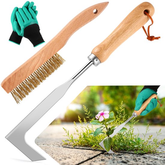 Dailygoods- Onkruidverwijderingsset 2-in-1 - Tuingereedschapset - Terrasborstel - Onkruidtrekker - Houten handvat - Ergonomisch ontwerp - Tuingereedschap