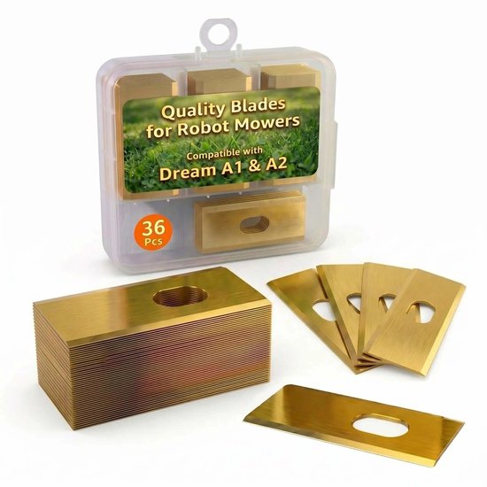 Dailygoods- Reservemessen 36 Stuks - Compatibel met Dreame A1/A2/A1 Pro/A1 Ultra/M1/M2 - Titanium Gecoat - Roestvrij Staal - Opbergdoos - Robotmaaier Messen
