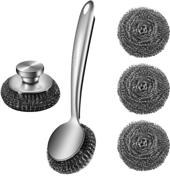 Dailygoods- Schrobberset 5 Stuks - Roestvrijstalen Borstel - Lange Handgreep - Hardnekkige Vlekken Verwijderen - Buighoekontwerp - Geschikt voor Keuken en Badkamer - Schoonmaakborstel