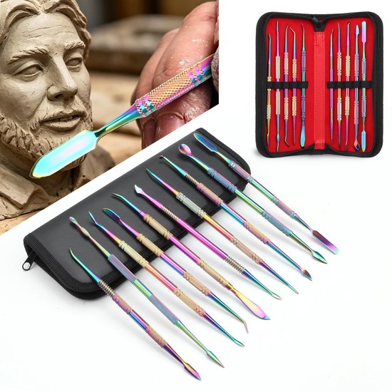 Dailygoods- Snijgereedschap 10 Stuks - Dubbelzijdig Snijmes - Roestvrij Staal - Pottenbakkersgereedschap - Opbergtas - Gekartelde Handgrepen - Beeldhouwgereedschap