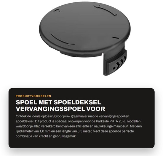 Dailygoods- Spoel met Deksel - Geschikt voor Parkside PRTA 20-Li A1/B1/B2/C3 - Lijndiameter 1,6 mm - Lijnlengte 8,3 m - Spoelmaat 65 x 24 mm - Cover Grootte 80 x 35 mm - Grasmaaier Spoel