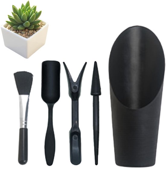 Dailygoods- Succulent Gereedschap Set van 5 Stuks - Grondperforator - Zaailingtrekker - Schep - Reinigingsborstel - Kunststof - Zwart - Tuingereedschap