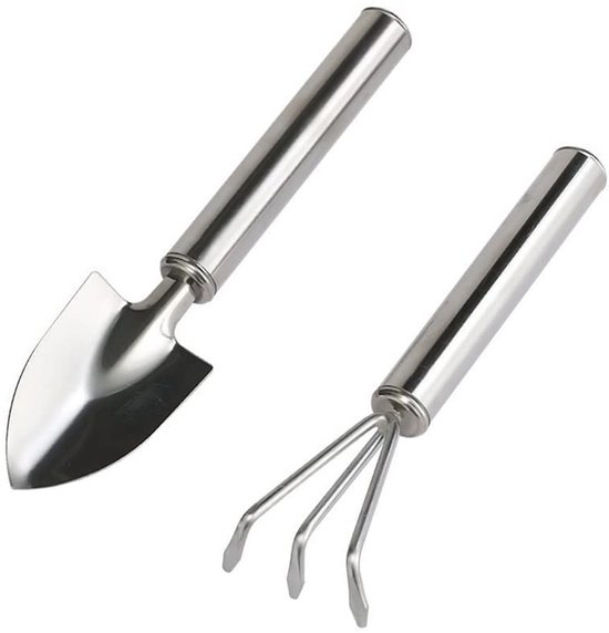 Dailygoods - Tuingereedschap, 2 stuks tuingereedschapsset, schep, tuinschep, cadeau, roestvrij staal, set met kleine harken en schep, voor potplanten voor tuin, planten, binnen en buiten