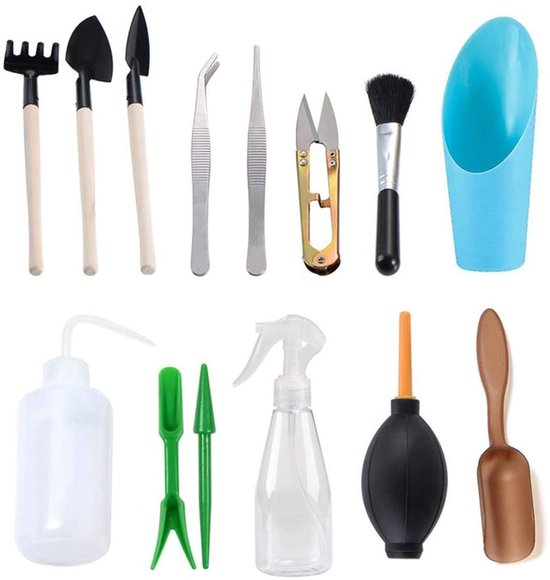 Dailygoods - Tuingereedschap Mini-set (14 stuks), bonsaigereedschapsset, complete gereedschapsset, geschikt voor binnen- of potplanten