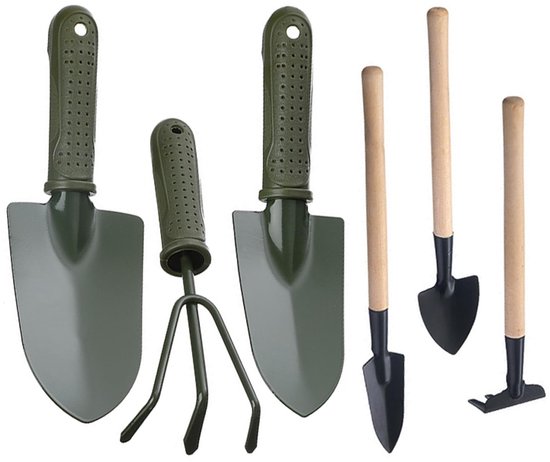 Dailygoods- Tuingereedschappen Set van 6 - Mini-schop/Tuinhark/Bloempotschop - Roestvrij/Vuilafstotend - Dikke/Houten Handgreep - Lichtgewicht/Praktisch - Tuinset
