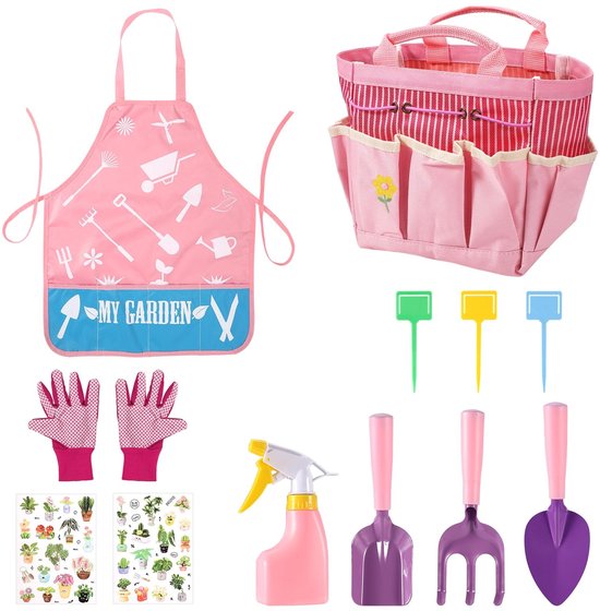 Dailygoods- Tuingereedschapset 12 Delig - Kindertuinset - Vork/Schop/Hark - Tas/Fles/Handschoenen - Speelgoed voor Kinderen - Betrouwbaar Materiaal - Kindertuingereedschap