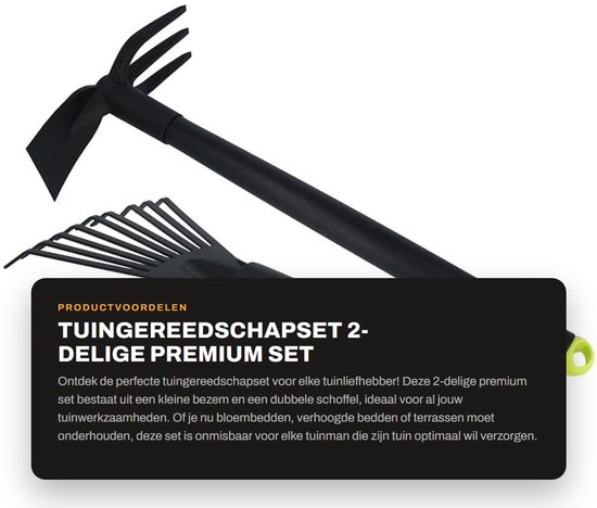 Dailygoods- Tuingereedschapset 2-delig - Kleine Bezem - Dubbele Schoffel - Robuust Tuingereedschap - Vezelversterkt Kunststof - Lichtgewicht en Ergonomisch