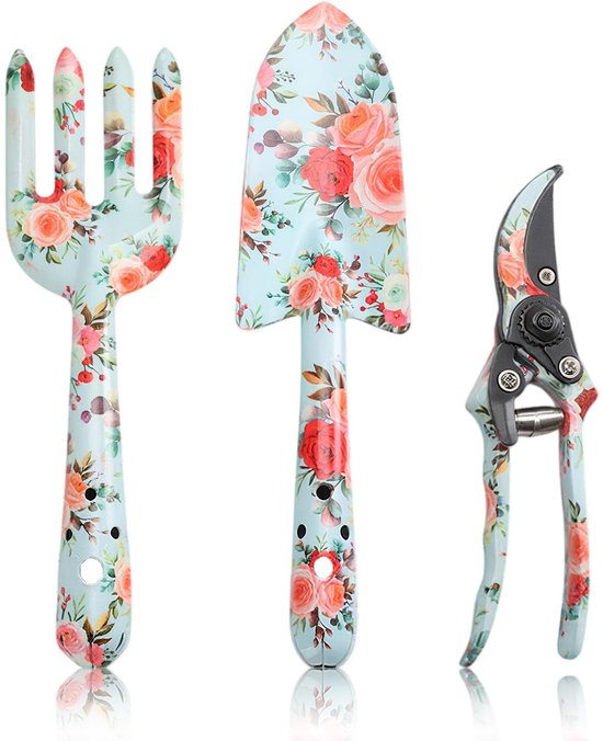 Dailygoods - Tuingereedschapsset, 3-delig, bloemengeschenken voor handgereedschap voor tuinieren, tuingeschenken, met snoeischaar, tuintroffel, handhark, roze bedrukt