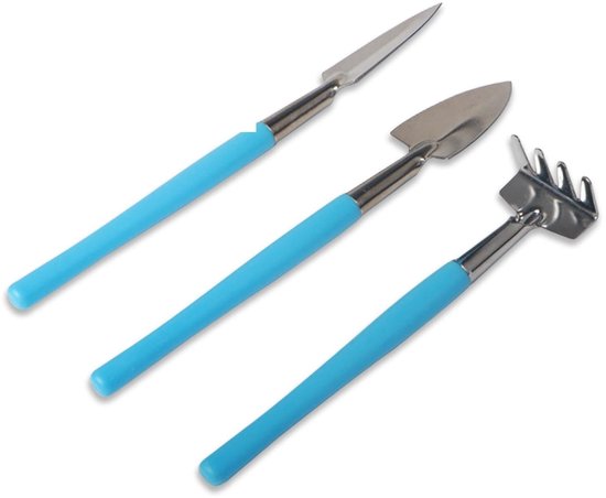 Dailygoods- Tuingereedschapsset 3-delig - Roestvrij Staal - Schep/Hark/Spade - Tuingereedschap voor Vetplanten - Lichtgewicht - Blauw/Roze van Dailygoods
