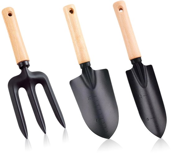 Dailygoods - Tuingereedschapsset, 3 stuks, premium tuingereedschapsset, houten handvat, handheld tuinschep, kleine smalle schep, hark, tuinset, tuingereedschap voor bonsai, gereedschap, planten, potbloemen
